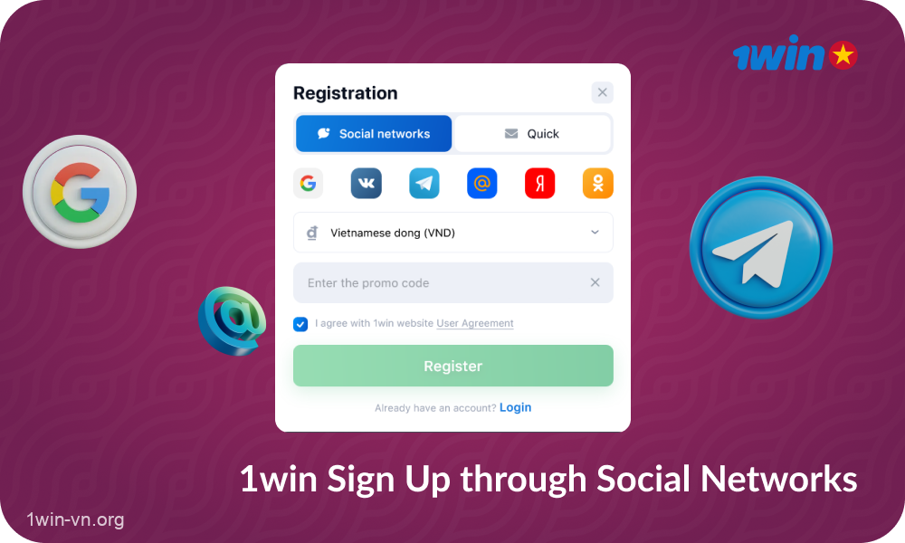 Gamblers from Vietnam can register on 1win's website and mobile app using social networks