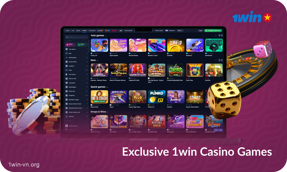 Tại 1win Casino, người dùng Việt Nam có quyền truy cập vào hơn 12.000 trò chơi trực tuyến, bao gồm máy đánh bạc, poker, blackjack, trò chơi Crash, bingo và các trò chơi khác, được cung cấp bởi hơn 70 nhà cung cấp phần mềm