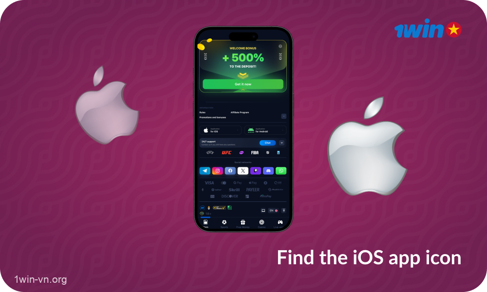 At the bottom of the 1win Vietnam home page, find the iOS logo
