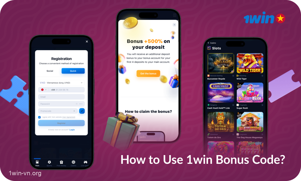 Để sử dụng mã khuyến mại trên trang web hoặc ứng dụng di động 1win và nhận tiền thưởng, người chơi từ Việt Nam cần làm theo một số bước đơn giản