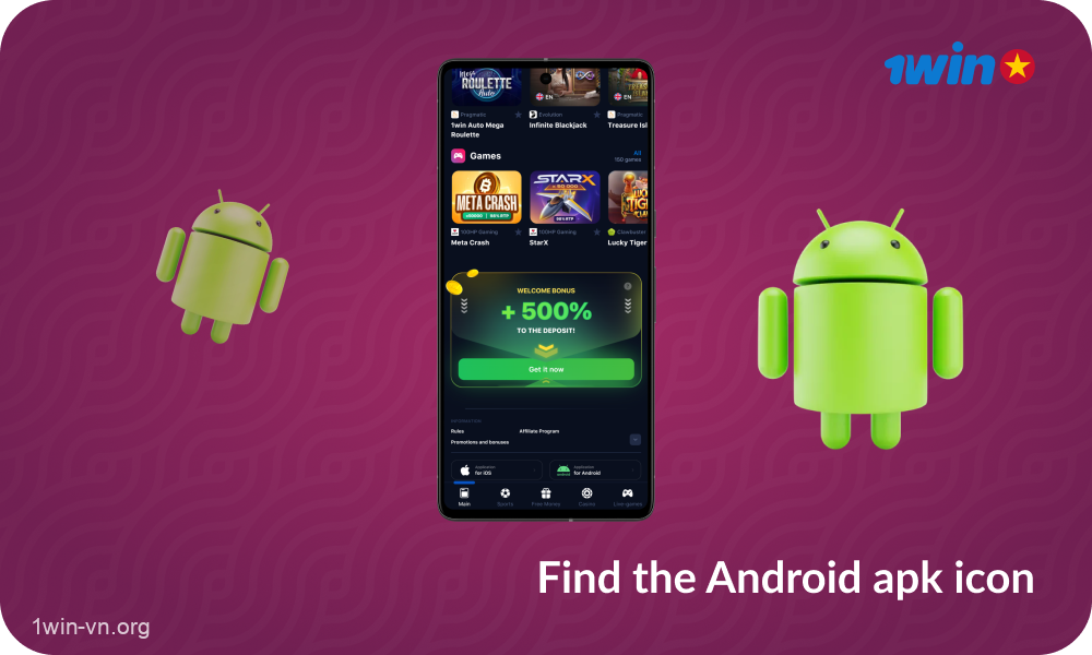 At the bottom of the 1win home page, select your Android operating system to download the application installer