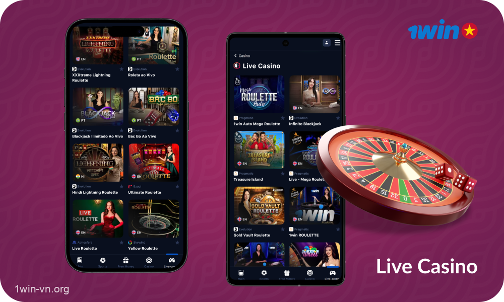 Ứng dụng di động 1win cung cấp cho người chơi Việt Nam hơn 450 trò chơi Live Casino trực tuyến từ các nhà cung cấp phần mềm phổ biến
