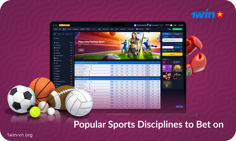 1win bet Vietnam offers over 35 sports disciplines for live and pre-match sports betting including football, boxing, baseball, basketball, cricket and many more