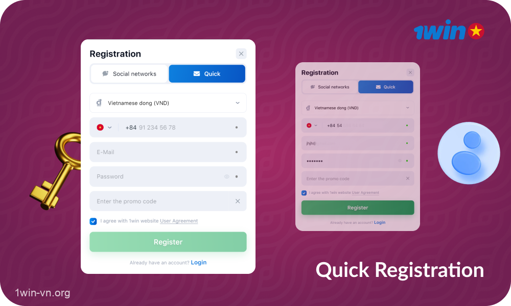 For quick registration at 1win Vietnam, players need to enter their phone number, email, choose a currency and come up with a password